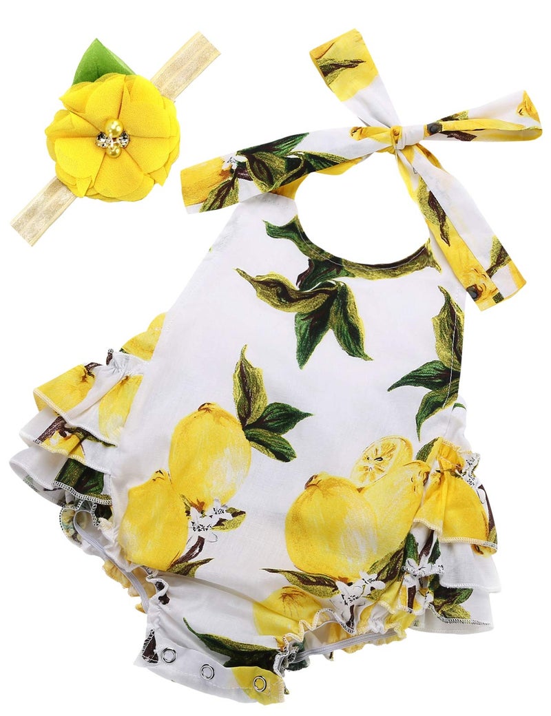 PrinceSasa Baby Girl Clothes Lemon Floral Ruffles Summer Outfits and Headband for Newborn Gifts,A6,7-12 Months(Size M) - Image 1